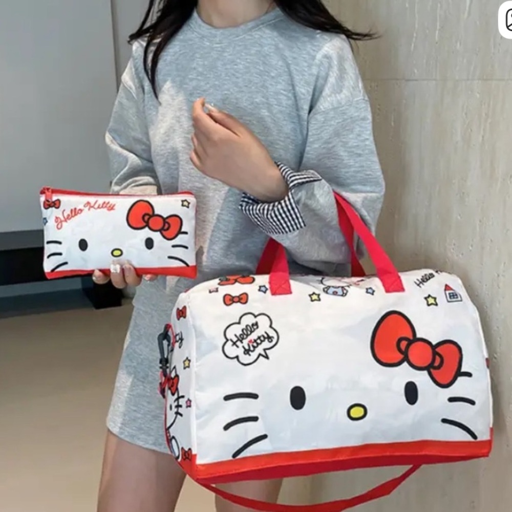 NEW Hello Kitty 2-Piece Large Capacity Duffel Travel Weekender Bag White Red